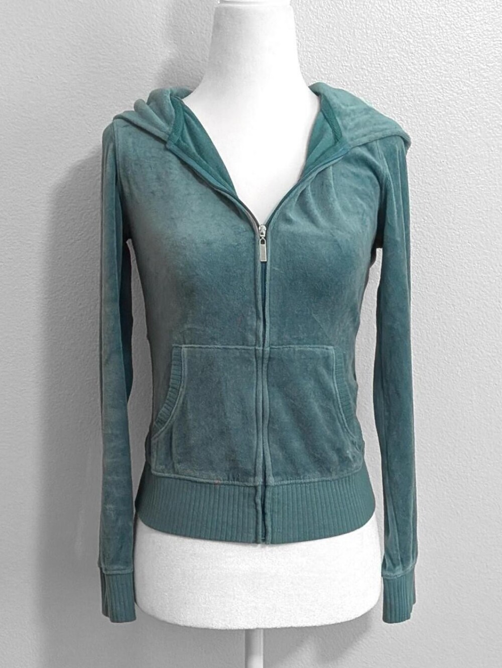 2000s Plush & Lush Y2K Teal Velour Zip-Up Hoodie Loungewear McBling | Size S